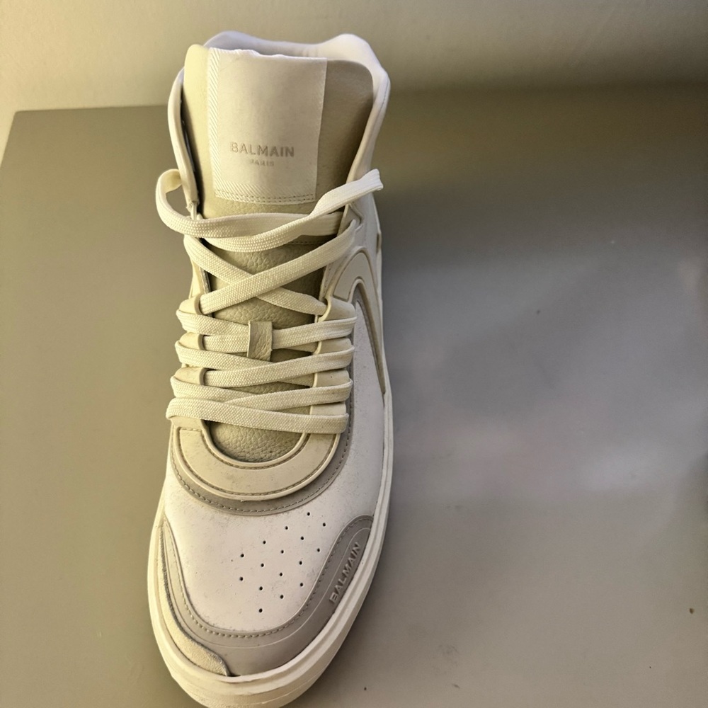 Balmain Cream and Gray High-Top Sneakers